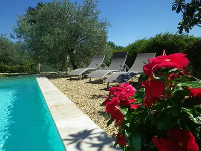 a row of chairs next to a swimming pool with red flowers at La mordorée in La Motte-dʼAigues