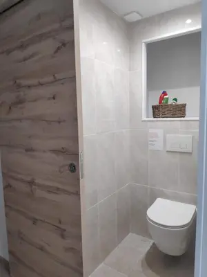 a bathroom with a toilet and a wooden wall at Villa Les Carlets in Saignon