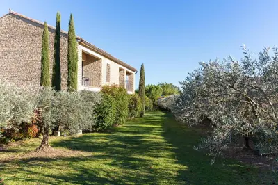 a garden with olive trees and a building at Hôtel Carcarille Restaurant Le C in Gordes