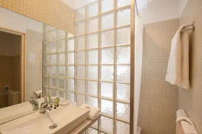 a bathroom with a sink and a shower at Hotel Sainte Anne - Apt in Apt