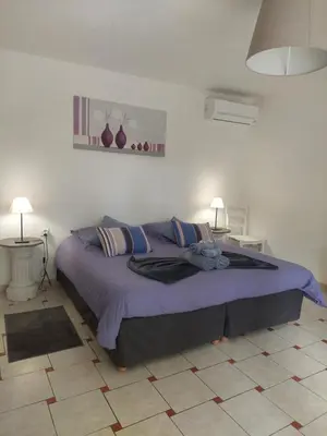 a bedroom with a large bed with purple sheets and pillows at Mas des Cigognes in Le Thor