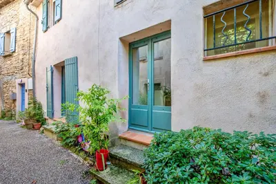 a house with a blue door and some plants at Maison de village in Bonnieux
