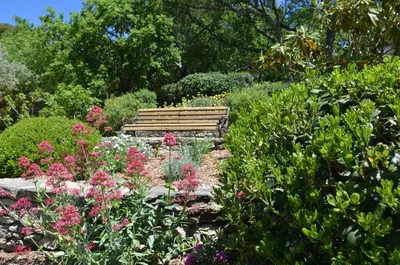 a wooden bench sitting in a garden with flowers at Le Jas des Parpaillous in LʼIsle-sur-la-Sorgue