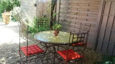a table and chairs with a potted plant on it at La Maison de Maïté in Cheval-Blanc