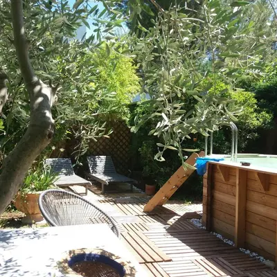 a backyard with a hot tub and a tree at La Maison de Maïté in Cheval-Blanc