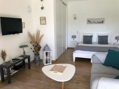 a living room with a bed and a couch at Gîtes dans Mas en pierres in Robion en Luberon