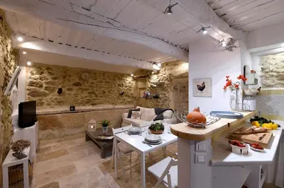 a kitchen and living room with a stone wall at Le petit trésor du Luberon in Ménerbes