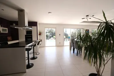 a kitchen and dining room with a table and a plant at very pretty contemporary villa with pool located in Aureille in the alpilles, close to the center on foot. sleeps 4. in Aureille