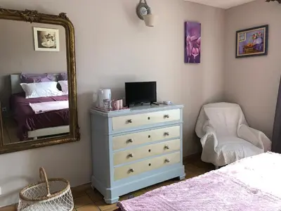 a bedroom with a dresser and a mirror at Le clos des vergers in LʼIsle-sur-la-Sorgue