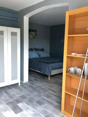 a bedroom with a bed and a book shelf at Le clos des vergers in LʼIsle-sur-la-Sorgue
