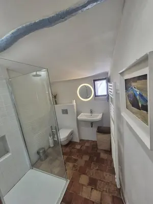 a bathroom with a shower and a toilet and a sink at 40 Rue du Ventoux in Bédoin