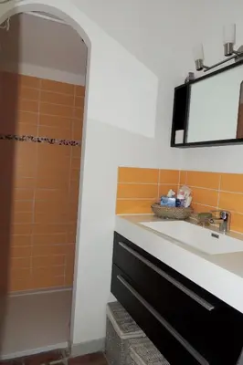 a bathroom with a sink and a mirror at Maison charmante à Modène avec piscine privée in Modène