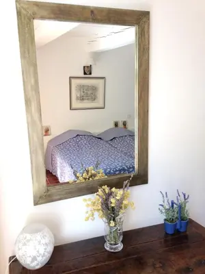 a mirror on a wall in a bedroom with a bed at Maison charmante à Modène avec piscine privée in Modène