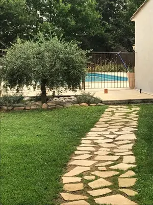 a stone path in a yard with a tree and a pool at Les Buis in Carpentras