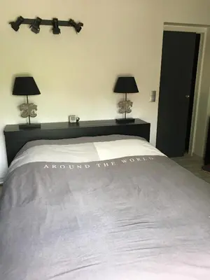a bedroom with a bed with two lamps on it at Maison de village in Velleron