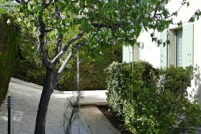 a tree in front of a white building at Les Hauts De Reillanne in Reillanne