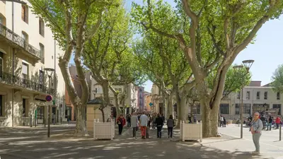 a group of people walking down a street with trees at Les Terrasses de Cascavelle in Blauvac