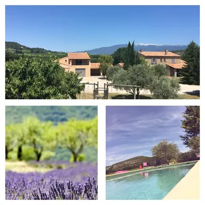 three different pictures of a house and a pool at Entre Vignes et Collines in Méthamis
