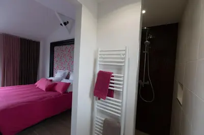 a bedroom with a pink bed and a shower at Chut ! c'est ici in Venelles