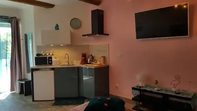 a living room with a kitchen with a tv on the wall at Le Mas Romantique avec Jacuzzi et Sauna privé in Sénas