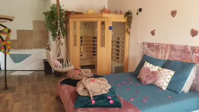 a living room with a bed and a hammock at Le Mas Romantique avec Jacuzzi et Sauna privé in Sénas