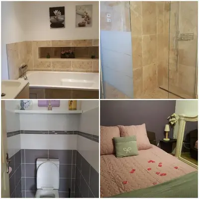 four pictures of a bathroom with a bed and a shower at Le Mas Romantique avec Jacuzzi et Sauna privé in Sénas