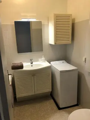 a bathroom with a sink and a toilet and a mirror at Aix Homes in Aix-en-Provence