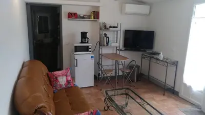 a living room with a brown couch and a tv at L'ilot de Carpentras in Carpentras
