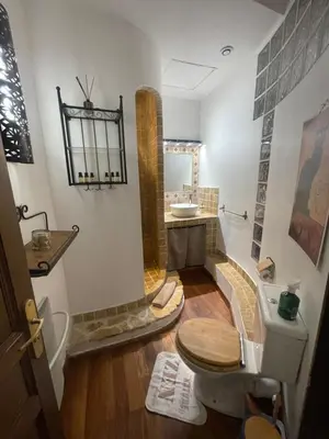a bathroom with a toilet and a sink at Sunny Apartment with Nice View in History City Center in Aix-en-Provence