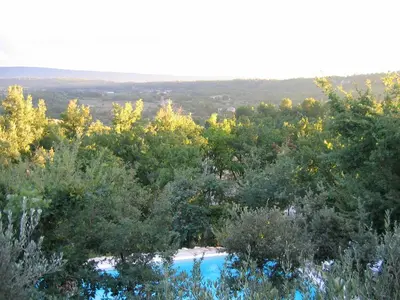 a swimming pool in the midst of trees at Les Restanques in Goult