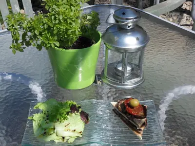 a table with a plate of food and a plant at Le Jardin d'Ivana in Oppède