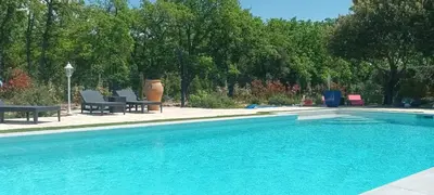 a swimming pool with blue water in a yard at La Pitchounette Mas Val-Chênaie Gordes in Gordes