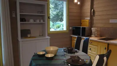 a small kitchen with a table and a microwave at La Pitchounette Mas Val-Chênaie Gordes in Gordes