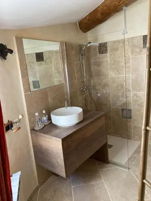 a bathroom with a sink and a shower at Rose in Bonnieux