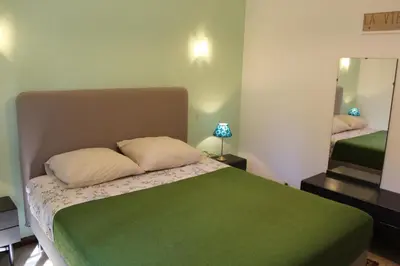a bedroom with a green bed and a mirror at Maison Charrasse in Flassan