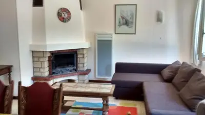 a living room with a couch and a fireplace at Maison Charrasse in Flassan