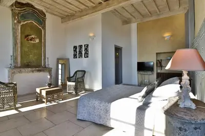 a bedroom with a large bed and a fireplace at Le Posterlon in Caumont-sur-Durance