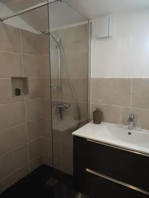 a bathroom with a shower and a sink at Le Chat Sur Le Toit in Lourmarin