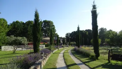 a path through a park with trees and flowers at le Mas de la Jardine in Velleron