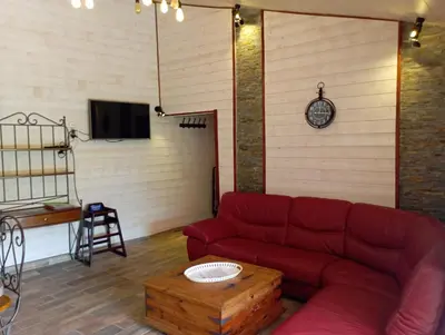 a living room with a red couch and a tv at le Mas de la Jardine in Velleron