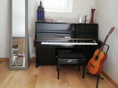 a black piano in a room with a guitar at La Goutadou in Cabannes