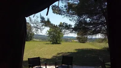 two chairs sitting in a field with a tree at Acacia in Mazan