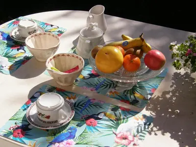 a table topped with a bowl of fruit on a table at Brig'Gîte in LʼIsle-sur-la-Sorgue
