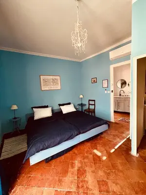 a bedroom with a large bed with a blue wall at La Sarrasine in Villes-sur-Auzon