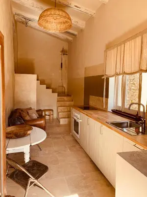 a kitchen with a sink and a table in a room at Le Vieux Portail in Saint-Saturnin-les-Apt