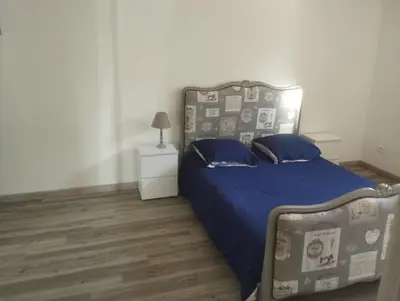 a bedroom with a bed with a blue comforter at les oliviers in Carpentras