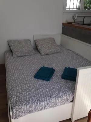 a bed with two blue pillows on top of it at studio avec exterieur in Eyragues