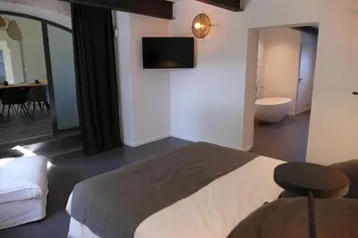 a bedroom with a large bed with a blue blanket at Maison Galatéa in Noves