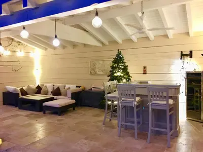 a living room with a couch and a christmas tree at villa Luberon in Saint-Saturnin-les-Apt