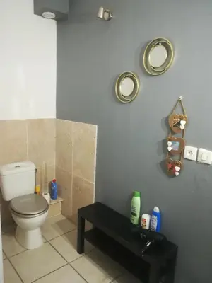 a bathroom with a toilet and two mirrors on the wall at Au pays du Ventoux in Le Thor